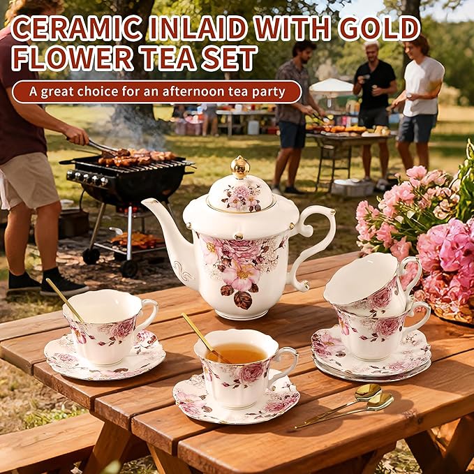 TATSUMI Country Roses Bone China Tea Cup and Saucer Set, 6 Pieces, Vintage Style, For Women and Tea Parties (Chocolate Red, 2 set)
