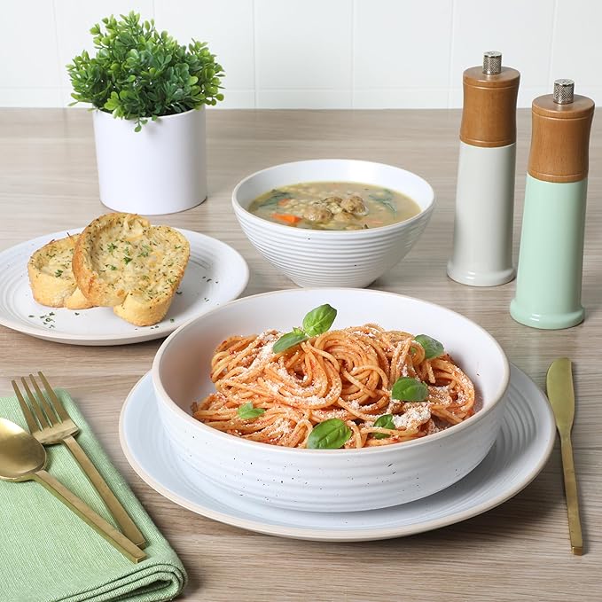 Gibson Home Dinah 16-Piece Matte White Stoneware Dinnerware Set ??Double Bowl, Embossed Speckled Design, Durable Kitchen Dinnerware