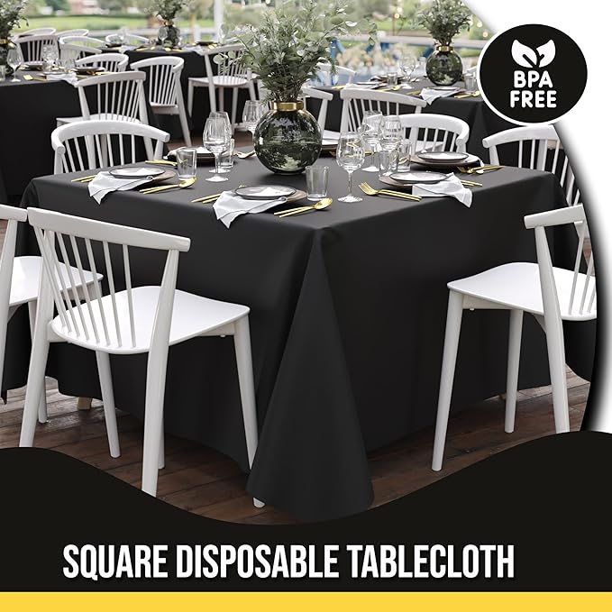 Party Solids 12-Pack Black Square Plastic Disposable Tablecloth ??Size: 85 횞 85 Inches ??Square Table Cover for Parties, Picnics & Formal Events