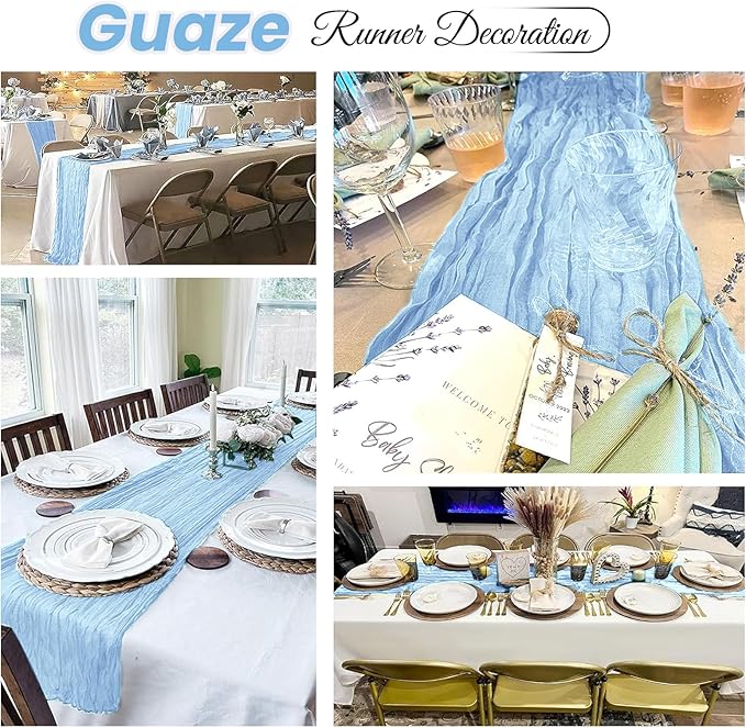 4 Pack Baby Blue Cheesecloth Table Runner 20 x 120 inch Gauze Table Runners 10 FT Long,Semi Sheer Cheese Cloth Fabric Table Runner Bulk for Wedding,Party,Baby Shower,Bridal Shower Decoration