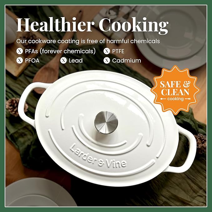 Larder & Vine Enameled Cast Iron 8 qt Dutch Oven Pot with Lid | Bread Baking | Compatible on All Cooktops & Oven Safe to 500째 F | Great for Sourdough Bread | White
