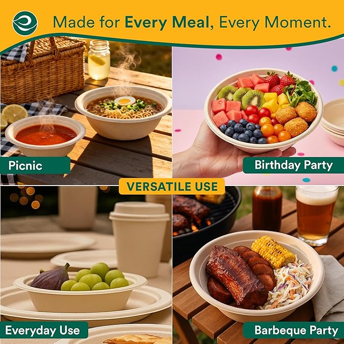 ECO SOUL 100% Compostable 12 Oz Soup Bowls [4 Packs of 125] Disposable dessert bowls I Heavy duty paper bowl I Eco-friendly salad bowl I Biodegradable large Bowls