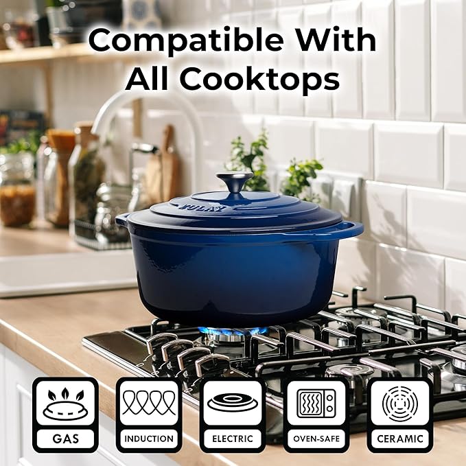 Zulay Kitchen 6 Quart Enameled Cast Iron Dutch Oven Pot with Lid ??Premium Durability & Oven Safe up to 500째F ??Heavy Duty Cookware Perfect for Bread Baking, Stews, Braising & Roasting ??Blue