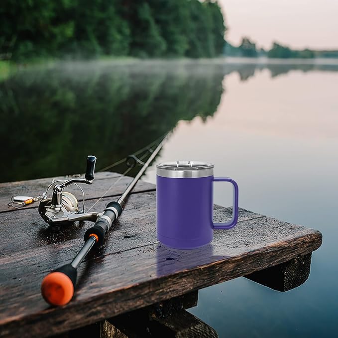 Clear Water Home Goods - (Bulk Pack of 12-15 oz Double Wall Coffee Mug with Lid and Handle, Double Insulated Stainless Steel Travel Tumbler Cup - Powder Coated - Purple