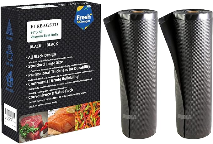 All Black Vacuum Sealer Rolls 11" x 50', 5.5 Mil Vacuum Seal Bags for Food Storage, Sous Vide, and Meal Prep, Heavy Duty Commercial Grade (2 Rolls, Total 100 Ft)