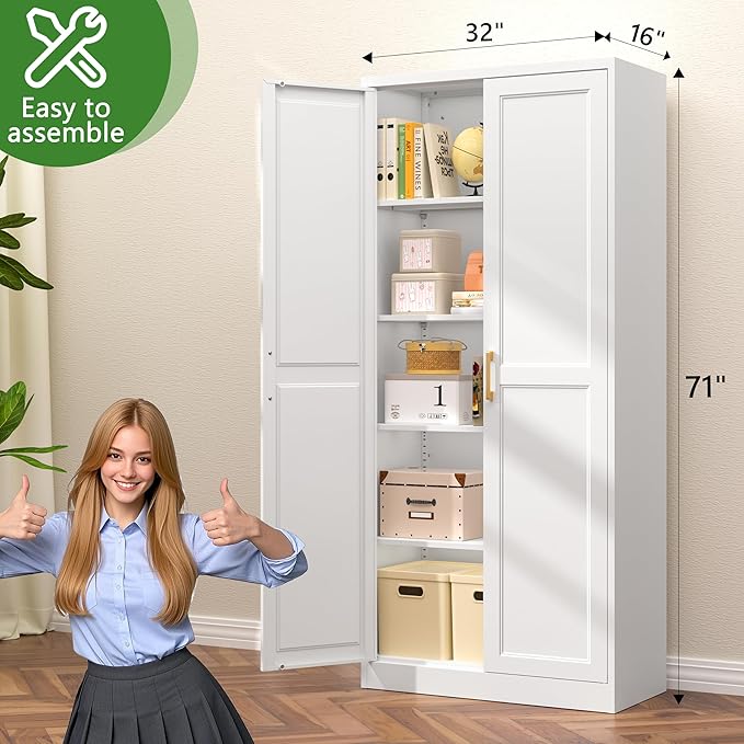 71" Kitchen Pantry Storage Cabinet,White Tall Storage Cabinet With Doors and 4 Shelves,Metal Food Pantry Cabinets for Kitchen Storage,Freestanding Cupboard for Dining Living Room,Assemble Required