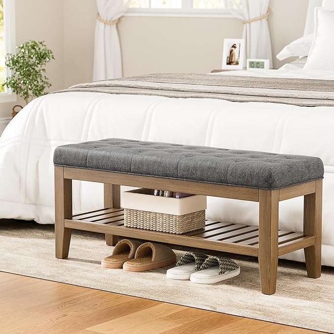 YaFiti End of Bed Storage Bench, 42.9" Entryway Shoe Bench with Solid Wood Shelf, Upholstered Ottoman with Padded Seat for Bedroom, Hallway and Lining Room, Dark Gray