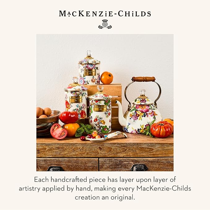 MACKENZIE-CHILDS Large Enamel Canister, Kitchen Storage Container for Flour and Sugar, 1.89 Liters, White Flower Market