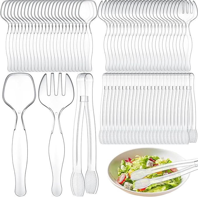 Vesici 24 Sets /72 Pcs 9'' Large Plastic Serving Utensils Set for Buffet, Clear Disposable Serving Utensils Heavy Duty Spoons Forks Tongs Catering Supplies for Christmas Wedding Birthday Party