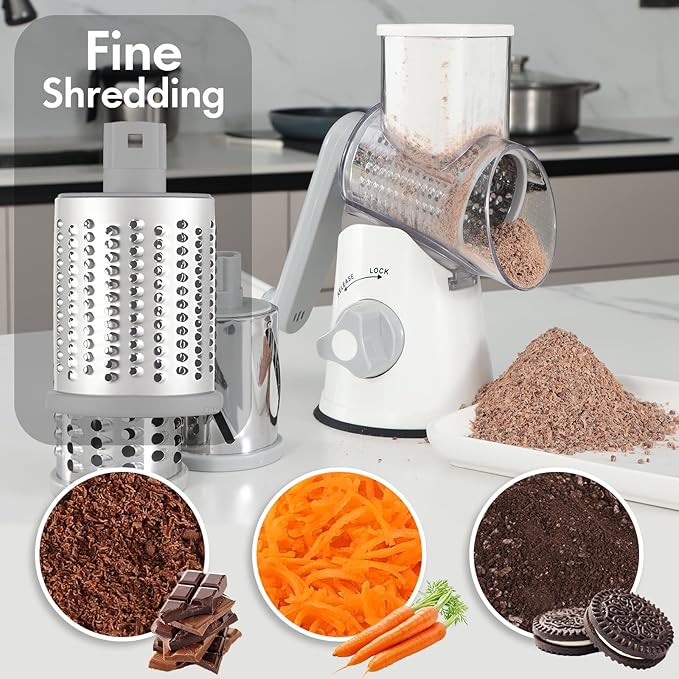 Ancevsk Rotary Cheese Grater with Handle, Kitchen Speed Hand Crank Vegetable Slicer, Potato Hash Brown Shredder Spinning Nut Grinder with 3 Replaceable Stainless Steel Drum Blades (White)