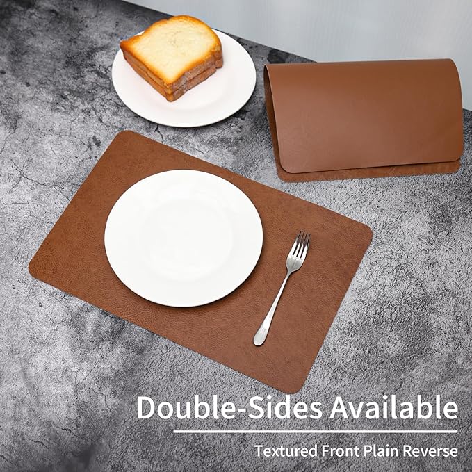 EDanle Cowhide Pattern Faux Leather Placemats Set of 6,Heat Resistant Non-Slip Waterproof Wipeable Washable Kitchen Dining PU Table Place Mats,Double-Sides Available,Dark Coffee