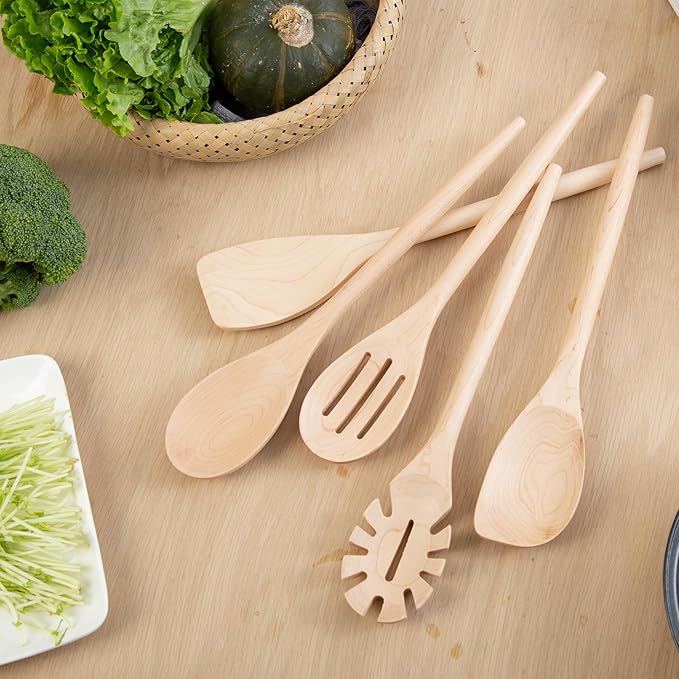 2PCS Wooden Cooking Spoons, 14 Inch Maple Wooden Spoons for Cooking or Mixing Salad, Wooden Spoons Cooking for Stirring Sauce Soup Nonstick Spoon Kitchen Serving Utensil Long Handle with Smooth Finish