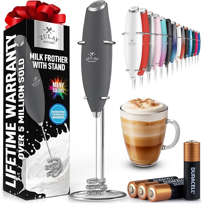 Zulay Kitchen Patented Tornado Triple Whisk Milk Frother with 4 Duracell Batteries ??Handheld Foam Maker for Coffee, Lattes, Matcha & Hot Chocolate ??Rich, Creamy Froth in Seconds