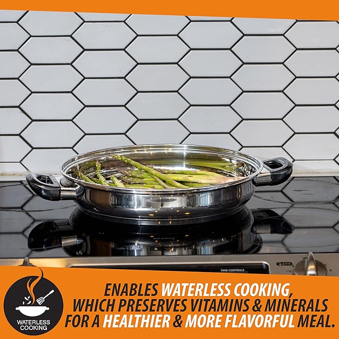 Maxam Stainless Steel 13 Inch Grill Pan, Durable Stainless Steel Construction with Heat Resistant Handle, Cover and Sear Ridges
