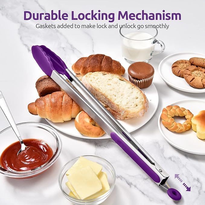 600쨘F Heat Resistant Kitchen Tongs: U-Taste 16 inch Extra Long Large Silicone Cooking Tong with Sturdy Non Stick Rubber Tips & Non Slip Silicon Coated 18/8 Stainless Steel Handle for Grill BBQ(Purple)