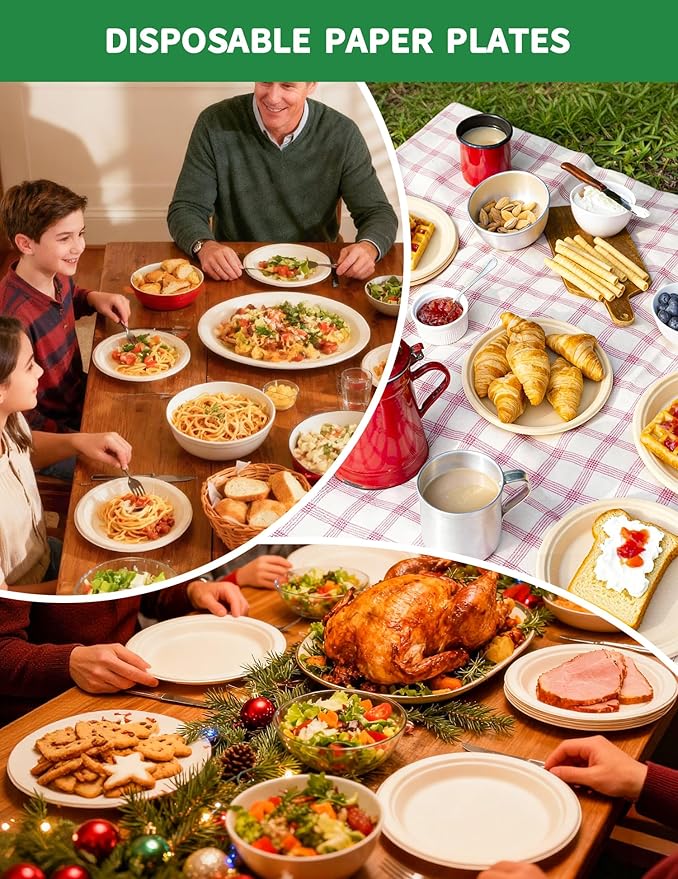 150Pack Compostable Paper Plates 9Inch Disposable Dinner Plates Heavy Duty Eco-Friendly Paper Food Trays Biodegradable Bagasse Plates for Meals, Parties, Wedding, Christmas