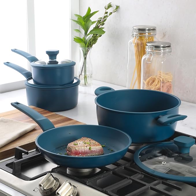 Gibson Home Helensburgh 7-Piece PFA-Free Ceramic Nonstick Carbon Steel Cookware Set ??Blue Pots and Pans with Glass Lids, Saucepan, Dutch Oven, Fry Pan