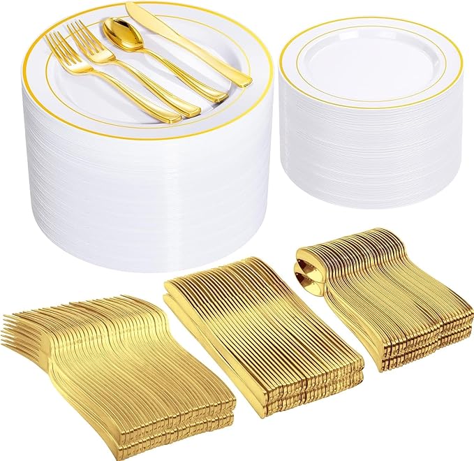 I00000 600 Pcs Gold Plastic Plates for 100 Guests.Disposable Plates for Party,Plastic Dinnerware Set of 100 Dinner Plates,100 Salad Plates,400 Gold Silverware Set(100 Spoons,100 Knives,200 Forks).