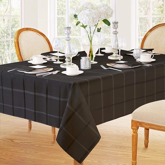 Newbridge 60 x 84 Inch Rectangle Fabric Tablecloth, Elegance Plaid, 100% Polyester, No Iron Soil Resistant Dining Room, Party and Banquet Table Cover, Solid Textured, Black
