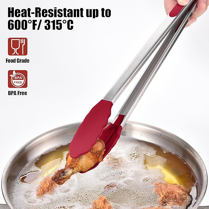 Doosu Kitchen Tongs for Cooking - 600째F Heat Resistant Food Tong with Non-Scratch Silicone Tips, Heavy Duty Stainless Steel Locking Tong for BBQ, Grilling Steak, Serving Salad, Pasta (16in, Red)