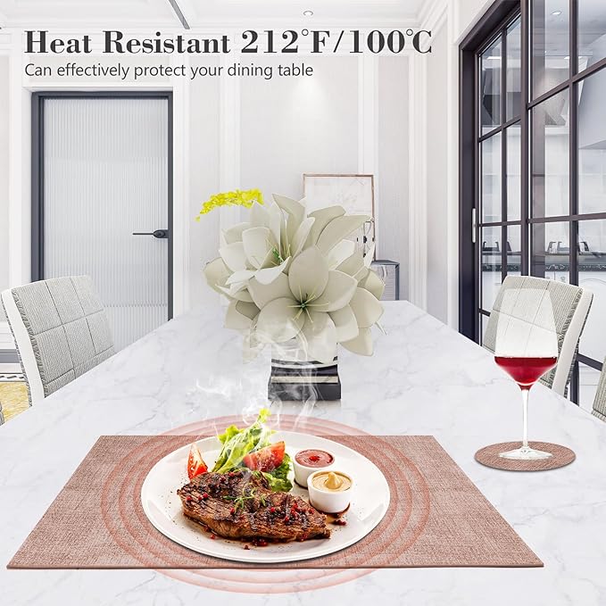 JUCCWARM Faux Leather Placemats Set of 6,Heat Resistant Placemats for Dining Table, Easy Clean Non-Slip Place Mats, Waterproof Stain Resistant Wipeable Washable PU Table Mats, (Pink)
