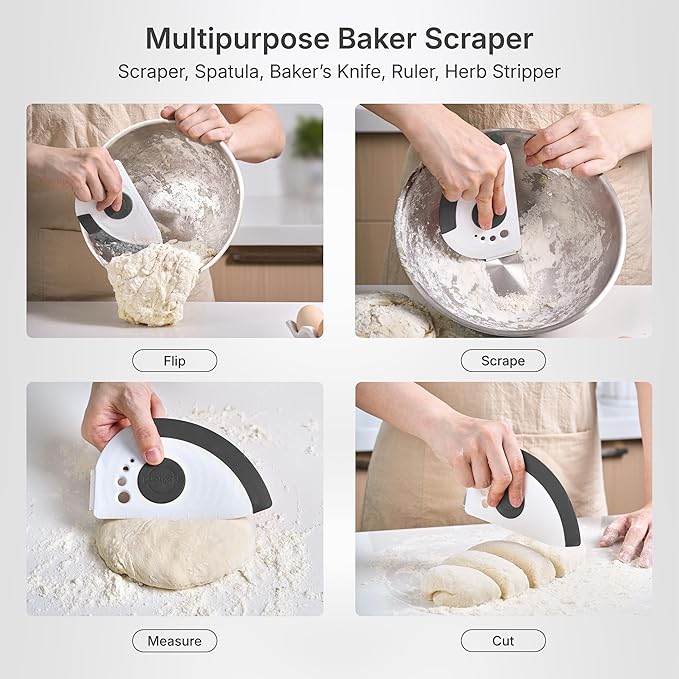 Nextrend BakerScraper ??5-in-1 Flexible Bowl Scraper, Bench Scraper and Dough Scraper with Stainless Steel Edge, Ruler & Herb Stripper ??BPA Free, Dishwasher Safe - Gray