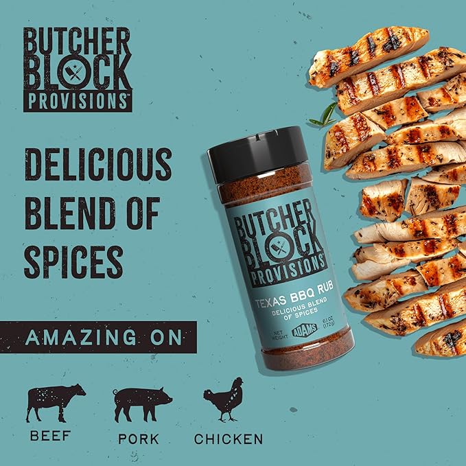 Butcher Block Provisions - Texas BBQ Rub - Delicious Blend of Spices - Sea Salt, Black Pepper, Garlic, Onion, Paprika & Red Pepper Seasoning - 6.1 oz