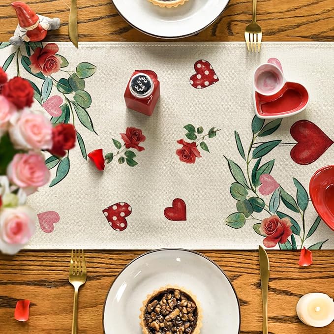 Artoid Mode Red Roses Flowers Eucalyptus Valentine's Table Runner, Wedding Kitchen Dining Table Decoration for Home Party Decor 13x72 Inch