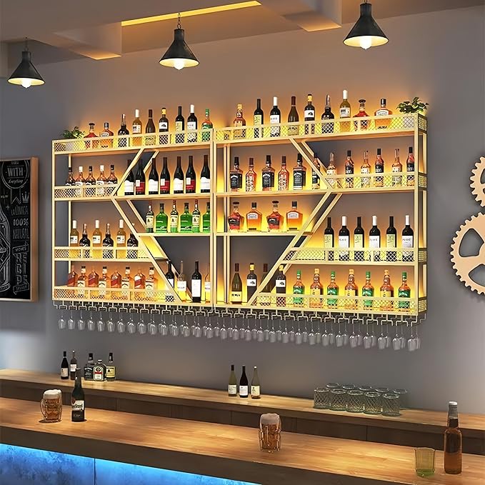 79 Inch 4 Tier Metal Wine Rack Wall Mounted, Modern Bar Shelves Wall Mounted Wine Rack with LED Light, Liquor Shelf Wall Mounted, Bar Shelves for Liquor Bottles (Gold with Warm Led, 79-4 Tier)