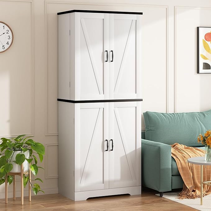 Shintenchi Kitchen Pantry Cabinet, Freestanding Farmhouse Storage Cabinet with 8 Door Shelves, 2 Cabinets and 1 Drawer, Tall Cupboard for Kitchen, Living Room, Dining Room and Bathroom, White