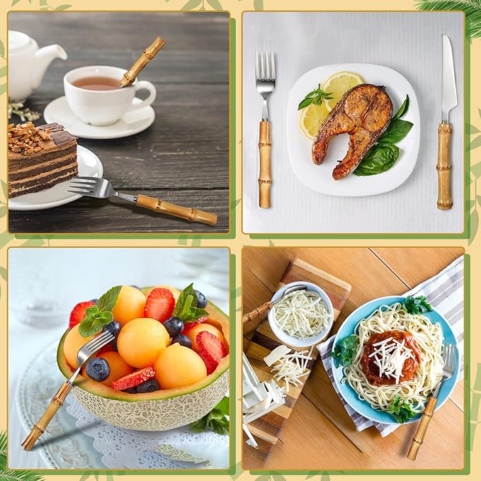 Eboot Bamboo Silverware Set 18/8 Stainless Steel Tableware Set Natural Utensil Flatware Kit Spoon Fork Knives Bamboo Handle Cutlery for Kitchen Wedding Home Restaurant Party(Silver,120 Pieces)