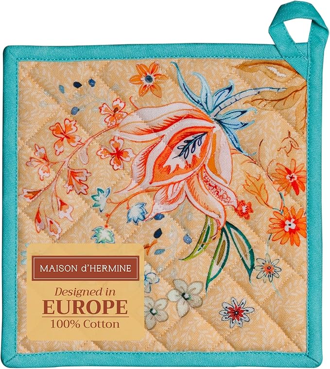 Maison d' Hermine Pot Holders 100% Cotton Heat Resistant Potholders 8" x 8" Hot Pads with Loop BBQ, Cooking, Baking, Grilling, Kitchen, Handling Hot Pans Spring/Summer (Pack of 1, Luxury Loft ??Peach)