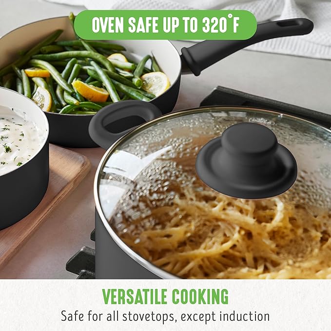 GreenLife 6QT Ceramic Nonstick Stockpot with Glass Straining Lid, PFAS-Free, Dishwasher Safe, Stay-Cool Handles, Oven Safe to 350째F, Wobble-Free Base, Even Heating, Black