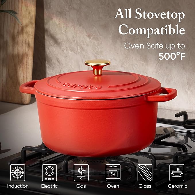 CAROTE Enameled Cast Iron Dutch Oven Pot with Lid, 4 QT Dutch Ovens, Heavy-Duty Cast Iron Pot for Sourdough Bread Baking, Braising, Stews, Roasting, Healthy & Non-Toxic, Dual Handles, All Stovetop Compatible, Oven Safe up to 500째 F, Red