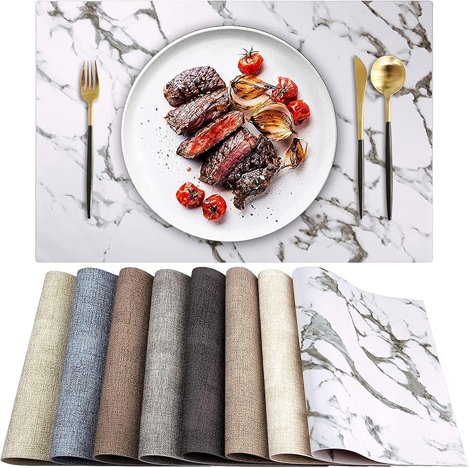 LANDVIEW Leather Heat Resistant Placemats Set of 6 Waterproof Wipeable Washable PU Table Mats,Easy to Clean Anti-Slip Place Mats (Marble, 6)