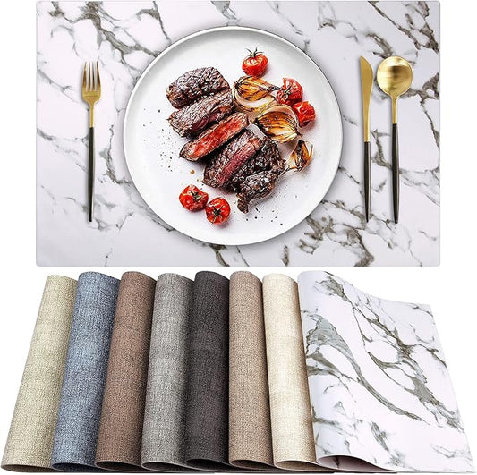 LANDVIEW Leather Heat Resistant Placemats Set of 6 Waterproof Wipeable Washable PU Table Mats,Easy to Clean Anti-Slip Place Mats (Marble, 6)