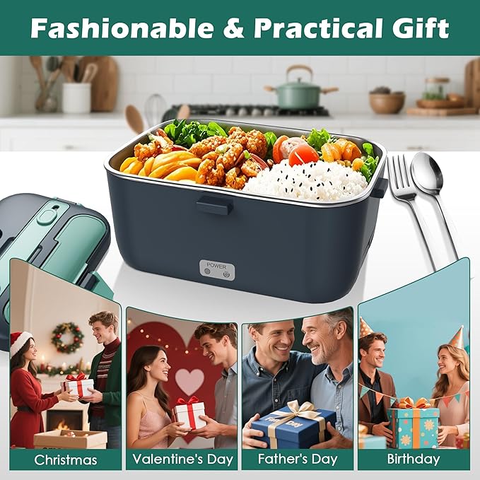 COZYEXPERT Electric-Lunch-Box-Heated-Food-Warmer 100W Heating Lunchbox for Adults 1.8L Portable Food Heater for Work/Car, 12V/24V/110-230V Lonchera El챕ctrica Port찼til with Fork Spoon (Gray+Green)
