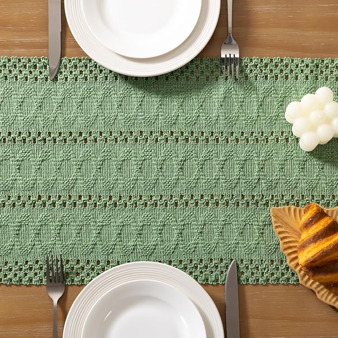 Socomi Sage Green Boho Table Runner Valentine's Day Farmhouse Rustic Dining Kitchen Centerpiece Decor Small Macrame Woven Cotton Linen Coffee Table Runner for Dresser Scarf Home Decor 12x36 inch