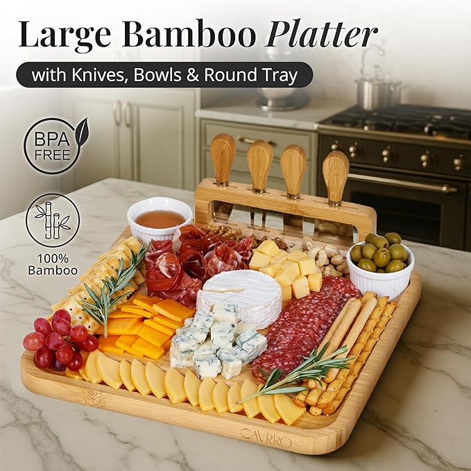 Charcuterie Board Set ??Bamboo Cheese Platter with Knives, Bowls & Round Tray ??Eco-Friendly Gift for Housewarming, Weddings & Parties ??Wood Serving Board for Entertaining