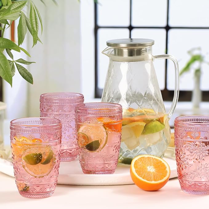 abrwyy Pink Glassware set of 6, Pink Drinking Glasses, Vintage Drinking Glasses, 14oz Colored Old Fashioned Glass Cups, Highball Glasses Set for Home Party Wedding