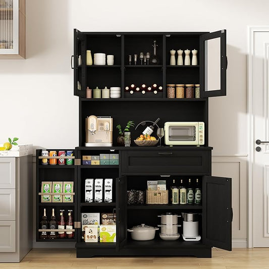 Shintenchi Kitchen Pantry Storage Cabinet, Freestanding Buffet Cabinet with Microwave Stand & 4 Door Shelves, Kitchen Hutch with Doors, Adjustable Shelves and Wine Rack, Black