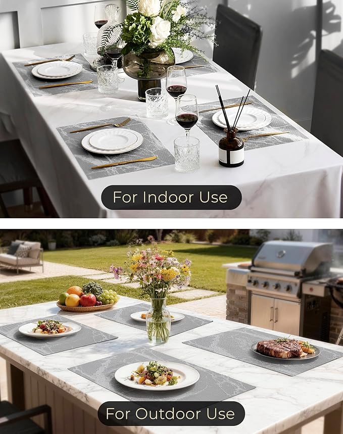 Leetaltree Reversible Marble Placemats Set of 4 ??Ships Flat and Stays Flat, Durable Washable Vinyl PVC Placemats, Heat Resistant, Easy Wipe Clean (Gray Marble Pattern)