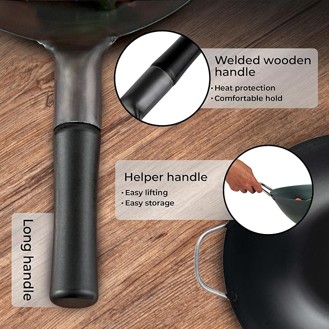 Restaurantware Carbon Steel Wok 1 Pack of 14 Inch Heavy-Duty Uniform Heat Distribution Pan Induction Compatible Round Bottom Wok Welded Handle Black For Gas Stovetops And Grills