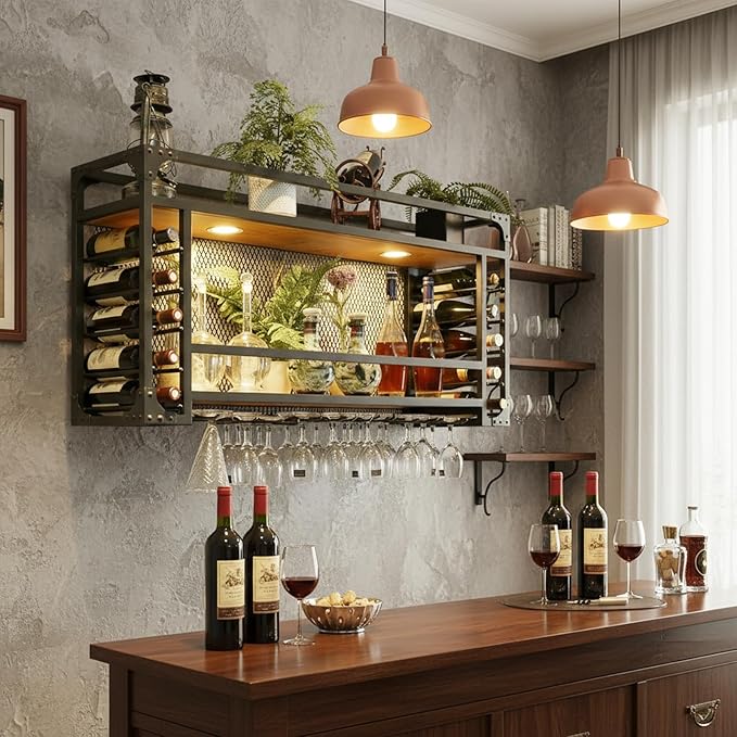 63in Wall Mounted Wine Racks, Hanging Wine Rack, Large Capacity Wine Holder, Can Hanging Or Wall Mounted, Simple Type with Light Wine Rack for Bar, Restaurant, Indoor (BLACK, 63 * 11.8 * 21.6in)