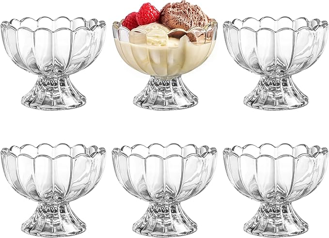 KMwares 6PCs Set 5oz Small Cute Footed Tulip Glass Dessert Bowls/Cups - Perfect for Dessert, Sundae, Ice Cream, Fruit, Salad, Snack, Cocktail, Condiment, Trifle and Christmas Holiday Party (Clear)