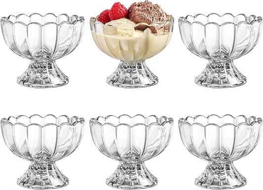 KMwares 6PCs Set 5oz Small Cute Footed Tulip Glass Dessert Bowls/Cups - Perfect for Dessert, Sundae, Ice Cream, Fruit, Salad, Snack, Cocktail, Condiment, Trifle and Christmas Holiday Party (Clear)