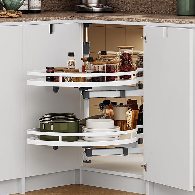 DWVO Corner Cabinet Organizer, 2-Tier Blind Corner Pull Out with 270째 Rotating Shelf, Right Swing Tray, Heavy-Duty Iron, Easy-Install Template, 32.7"x17.3"x21.3", White