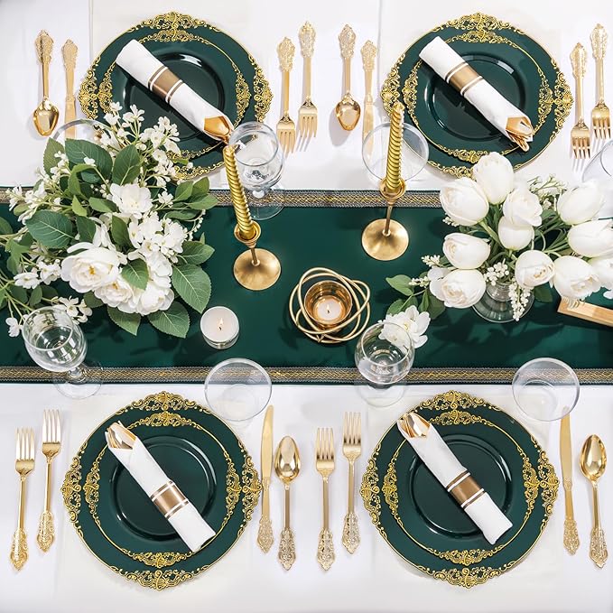 Nervure 175PCS Green Plastic Plates - Disposable Green Gold Party Plates & Pre Rolled Napkins with Cutlery for 25 Guests, 50Plates, 75Silverware, 25Cups, 25Napkin for Wedding & Party