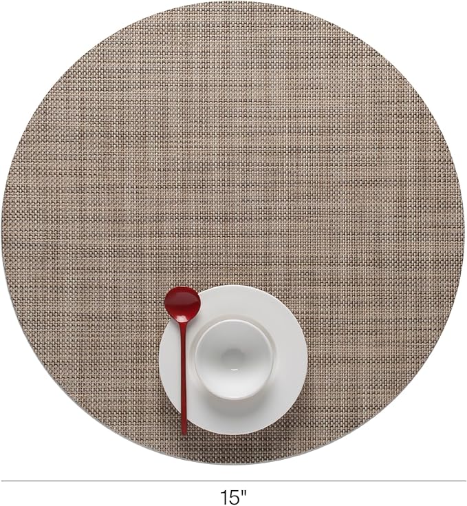 Chilewich Mini Basketweave Placemats in Linen - Set of 4 - Easy Care Woven Tabletop Textiles - Indoor/Outdoor - 15" Round