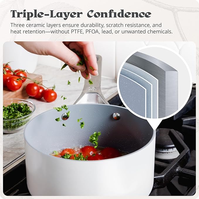 Premium Non-Toxic Ceramic Cookware Set ??Triple-Layer Nonstick 12 Piece Pots and Pans with Lids, PFAS-Free, Oven Safe for Healthy Meals, Space-Saving Design, Birch White Color | Greater Goods
